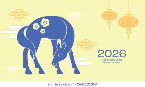 Minimalist card in paper cutting style cny 2026. Chinese new year of the horse, or lunar new year 2026 greeting card with stylized zodiac horse on background with hanging lanterns decorations.