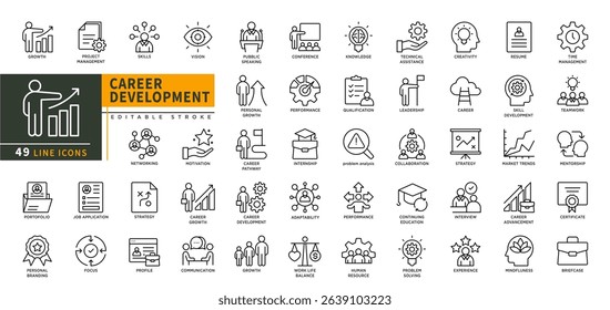 Minimalist Career Development line icons set with editable stroke. Featuring growth, project management, skills, vision, net working, motivation, strategy, career growth. thin linear illustration.