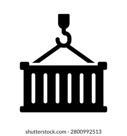 Minimalist cargo handling icon featuring a shipping container suspended by a crane hook, representing freight operations, cargo loading, port logistics, and supply chain transportation. Ideal for logistics software, shipping companies, warehouse management systems, freight services, import-export businesses, and global supply chain platforms.