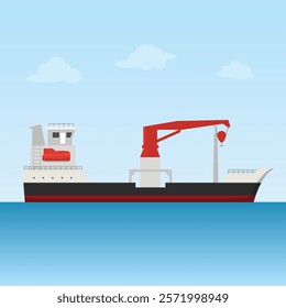 A minimalist cargo ship floats serenely on calm blue waters under a pale sky. Its red crane is a striking detail against the clean lines of the vessel	
