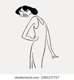 Minimalist caricature of a woman in a dress, with exaggerated features and a fierce expression. Black and white illustration with bold lines and stylized design. Vintage woman illustration vector.