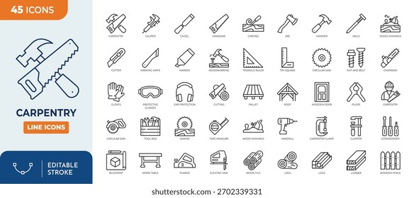 Minimalist Carpentry outine icons set with editable stroke. Containing Carpentry, handyman, tools and more. thin linear illustration.
