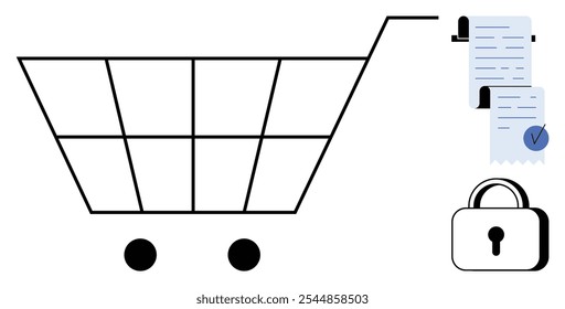 A minimalist cart with receipts attached and a lock icon nearby. Ideal for e-commerce, online security, payment processing, shopping safety, and consumer protection themes. Clean vector style
