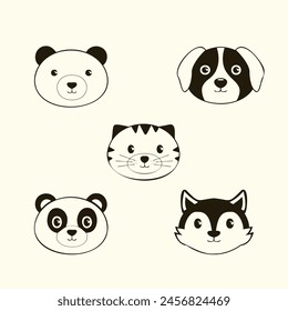 Minimalist Cartoon Animal Set: Cat, Bear, Panda, Dog, Wolf. Whimsical Vector Drawings in a Playful Style. Perfect for Prints, Merchandise, and Kids' Decor.