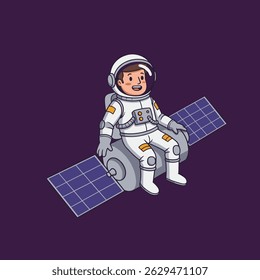 Minimalist cartoon astronaut design with big blue eyes and a mustache, sitting on the moon holding a miniature satellite.