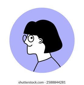 Minimalist cartoon avatar of a woman with glasses and short hair, shown in profile. The image is in a black-and-white style with blue circular background. Concept of user profile. Vector illustration