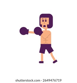 A minimalist cartoon boxer with purple gloves, shorts, and headgear stands ready, tan skin, against a white background, flat design, neutral mood.