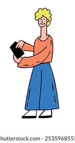 Minimalista Cartoon Boy Holding Smartphone - Ilustração Colorido Personagem de Arte em Linha em Estilo Moderno, Ideal para Tecnologia, Mídias Sociais e Temas de Comunicação, Perfeito para Vetor de Stock e Digital Conte