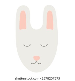 Minimalist cartoon bunny face illustration with soft pastel colors, featuring a cute sleep rabbit with pink ears, ideal for kids' designs, nursery decor, prints, and Easter-themed projects.