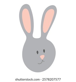 Minimalist cartoon bunny face illustration with soft pastel colors, featuring a cute grey rabbit with pink ears, ideal for kids' designs, nursery decor, prints, and Easter-themed projects.