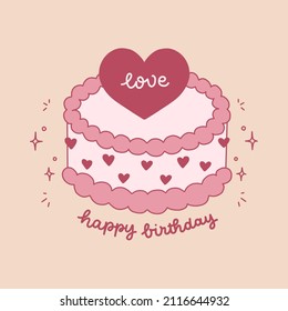 Minimalist Cartoon Cake. Happy Birthday Cake Pastel with love and hearts. Birthday Gift Vector for Special Day