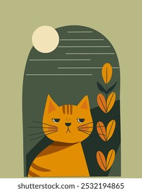 Minimalist cartoon cat with botanical decor