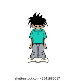 A minimalist cartoon character with spiky hair and casual clothing, wearing a teal shirt and gray pants. The clean background emphasizes simplicity and modern style, perfect for youth-related themes.