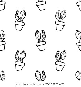 Minimalist cartoon doodle cactus seamless pattern, Vector.