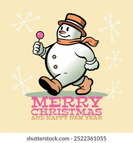 Minimalist cartoon flat  trendy design of a snowman. Merry christmas and happy new year postcard. vector