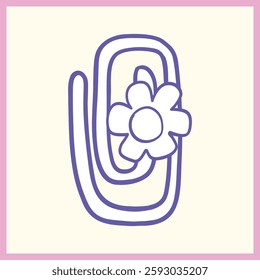 Minimalist cartoon illustration of a decorative paperclip with a small flower attached, drawn in a purple outline with a pastel pink border, Vector Illustration