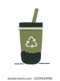 Minimalist cartoon illustration of a green drink cup with a recycling logo, perfect for sustainability campaigns and eco-conscious projects