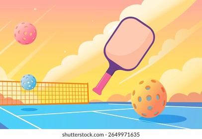 Minimalist cartoon illustration of a pickleball paddle and colorful balls flying across a court under a bright yellow and pink sunset sky with soft clouds