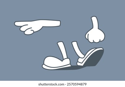 Minimalist cartoon illustration showing hands and legs, one pointing and one clenched fist, paired with simple shoes on a grey background. Creative concept. Vector illustration.