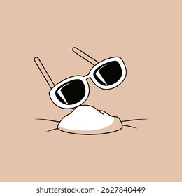 Minimalist cartoon illustration of stylish sunglasses and nose on beige background