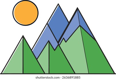 Minimalist cartoon mountains with green peaks and a bright sun in the sky. Simple geometric illustration perfect for nature, hiking, or travel themes. Ideal for digital or print projects.