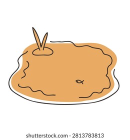 A minimalist cartoon style drawing of a small body of water featuring a tiny fish and a few simple reeds on a white background