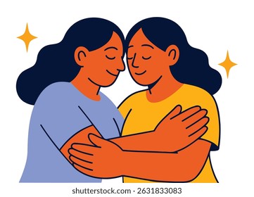 Minimalist cartoon of two women gently hugging with closed eyes and soft smiles. A serene and emotional concept highlighting calm support and connection.