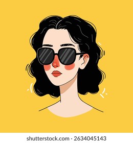 A minimalist cartoon vector of a stylish young woman with short black hair, sunglasses, and blush on a yellow background.