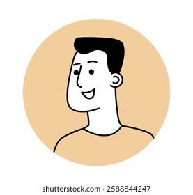 Minimalist cartoon-style avatar of a smiling man with short black hair, wearing a simple t-shirt. The drawing is outlined in black on a beige circular background. Vector illustration