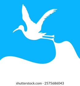 Minimalist cartoon-style background featuring white storks in flight. Illustrated in a clean vector design, the white storks soar gracefully against a serene blue backdrop."