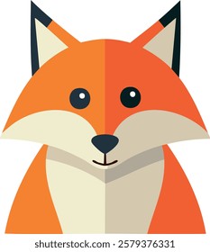 A minimalist, cartoon-style headshot of a red fox. It features a symmetrical design, bright orange fur, pointed ears, and a friendly expression.