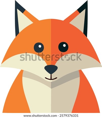A minimalist, cartoon-style headshot of a red fox. It features a symmetrical design, bright orange fur, pointed ears, and a friendly expression.