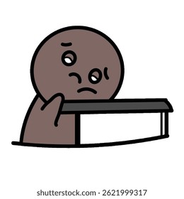 Minimalist cartoon-style illustration of a sad character leaning on a table, expressing a sense of loneliness, tiredness, or deep thought. This expressive vector art features simple lines.