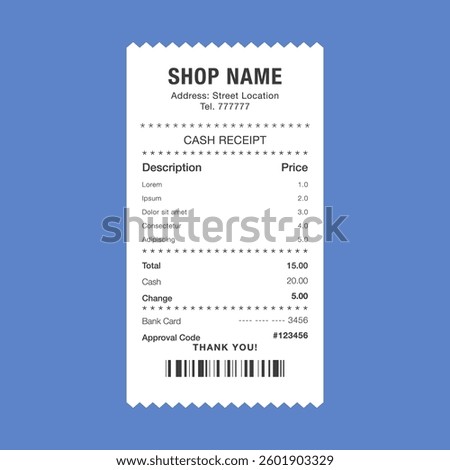 Minimalist Cash Receipt with Barcode on Blue Background Vector Illustration