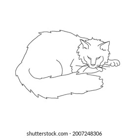 Minimalist Cat in abstract Line art style. Silhouette of lying cute domestic pet. Hand drawn Vector doodle illustration on white isolated background. Design for logo or icon