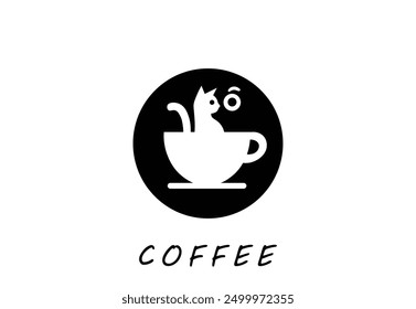 Minimalist cat in coffee cup logo, perfect for cafes and pet lovers.