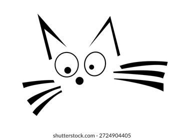 Ilustração minimalista da face do gato com linhas pretas simples, ícone do animal abstrato divertido no fundo branco.