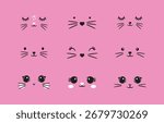 Minimalist Cat Face Line Art Design cute kitten. Cute white bunny easter cartoon kit set. Collection of design objects: ears, faces, different emotions, tummies, eyes, mustaches, noses isolated