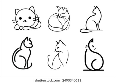 Minimalist Cat Line Art Collection - Cute and Simple Feline Silhouettes Vector Set