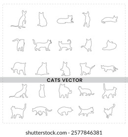 Minimalist cat outlines, simple line drawings, various cat poses, feline silhouettes, sketchy cat illustrations, monochromatic designs vector style art, playful cat doodles