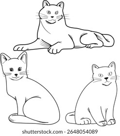 Minimalist cat outlines in various poses, perfect for pet lovers, art illustrations, and design projects. Elegant black outline on a stark white background.