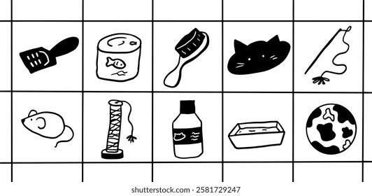 Minimalist Cat Toy and Treats Illustration – Black and White Pet Lover Digital Art