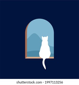 minimalist cat in the window vector illustration background