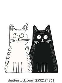 Minimalist cats in black and white sketch style, doodle style, hand-drawn, on a white background