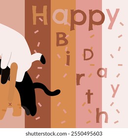 Minimalist Cat-Themed Happy Birthday Design with Warm Tones and Confetti it perfect for modern birthday greeting cards, social media posts, or digital invitations