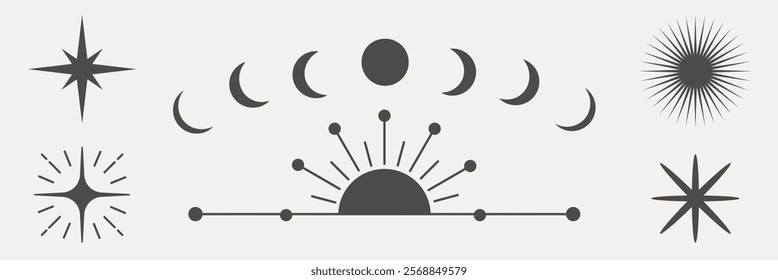 Minimalist celestial design with stars, sun, and moon phases. Black and white celestial symbols create a mystical, cosmic vibe. Perfect for astrology lovers. Spirituality vector set.