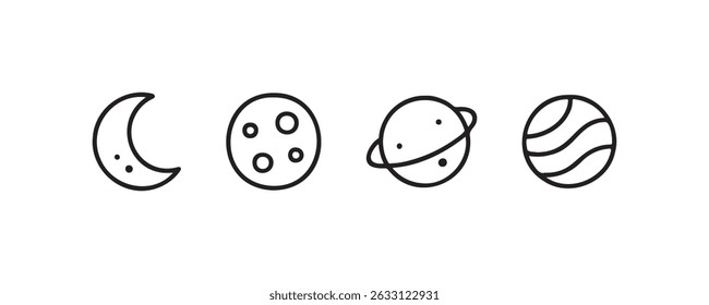 Iconos celestes minimalistas: luna creciente, planeta craterizado, planeta anillado, esfera rayada.