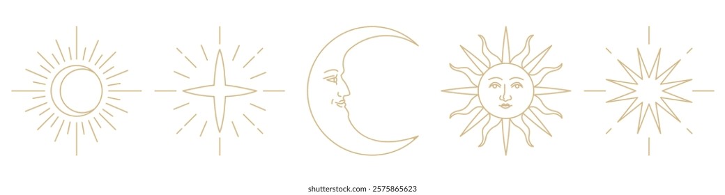 Minimalist celestial line art featuring sun, moon, and stars. Sun and moon with faces, surrounded by stars. Elegant celestial design, celestial theme, celestial art. Doodle element vector set.