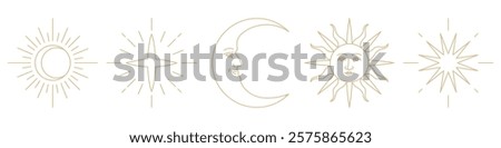Minimalist celestial line art featuring sun, moon, and stars. Sun and moon with faces, surrounded by stars. Elegant celestial design, celestial theme, celestial art. Doodle element vector set.