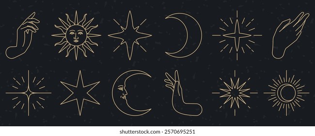 Minimalist celestial line art with sun, moon, stars, and hands. Elegant sun and moon designs. Celestial stars and hands in simple line art style. Doodle element vector set.